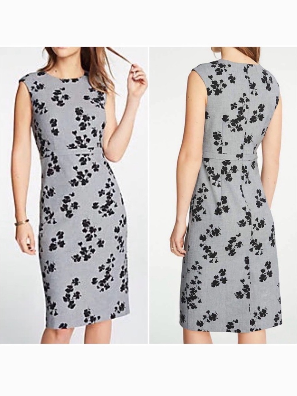 Ann Taylor Grey Black Floral Cap Sleeve Sheath Dress 10 Wedding Guest Cocktail - Picture 2 of 11